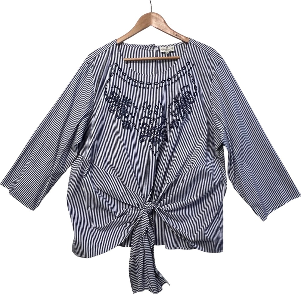 Grand & Greene Striped Floral Embroidered‎ Tie Front Blouse Top Size 1X